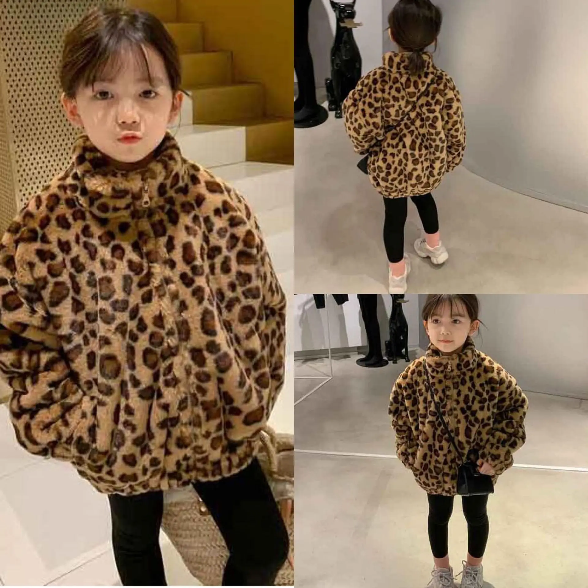 

Autumn and Winter Girls Jackets Leopard Coat Children Thickened Warm Plush Fluffy Stand Collar Zip Up Toddler Kids 3-8 Years Old