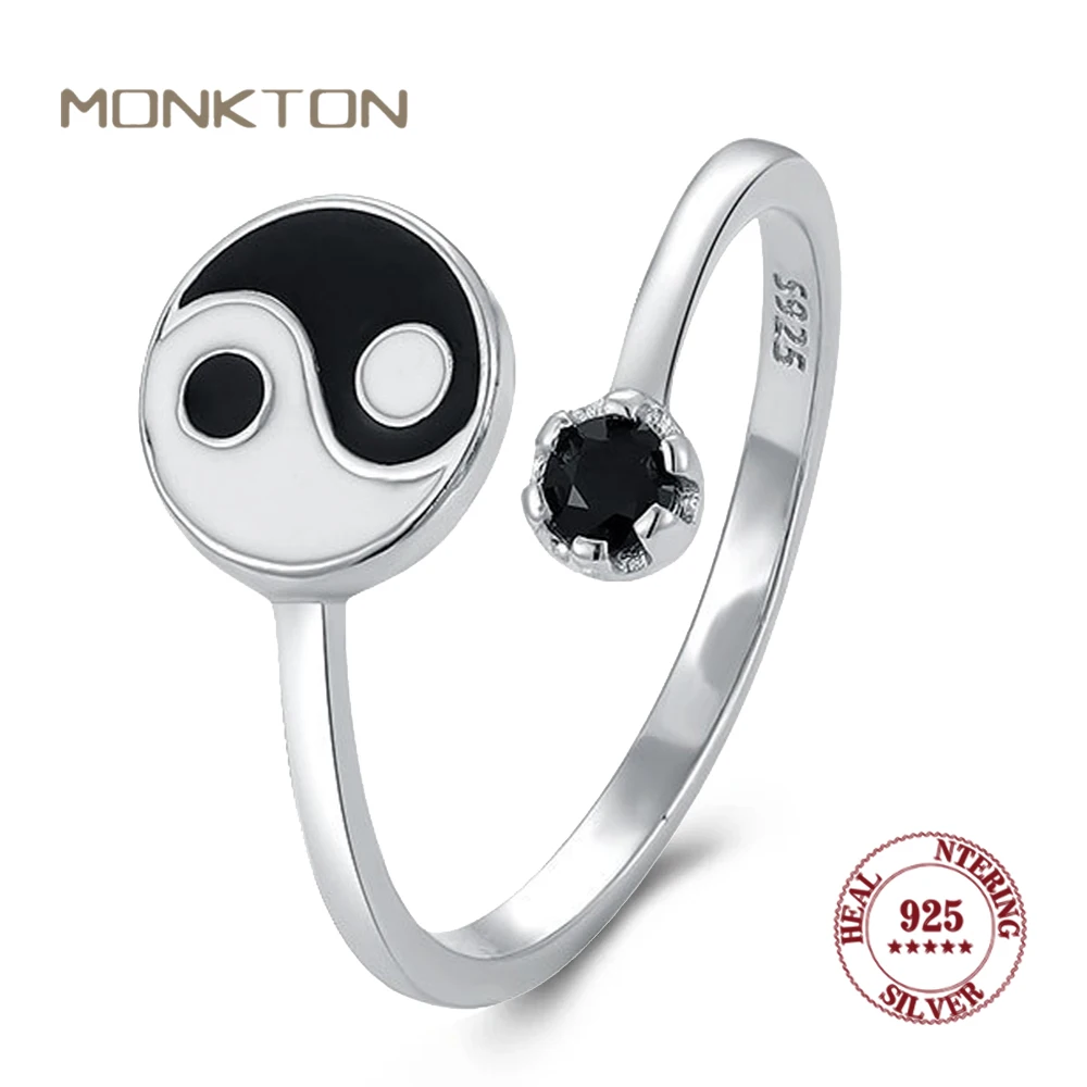 

Monkton S925 Sterling Silver Yin Yang Adjustable Open Taiji Ring for Women Men Black and White Enamel Finger Rings Jewelry