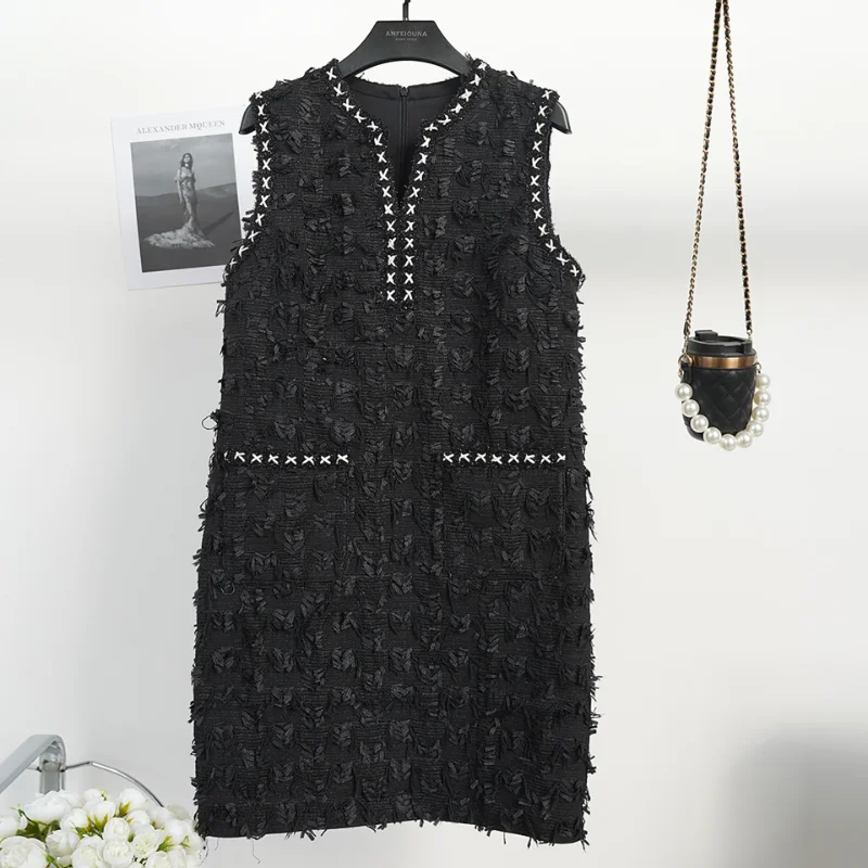 

French Small Fragrance Black Dress Women Contrast Lace Weaving Loose Simple Korea Chic High Quality Sleeveless Tweed Mini Dress