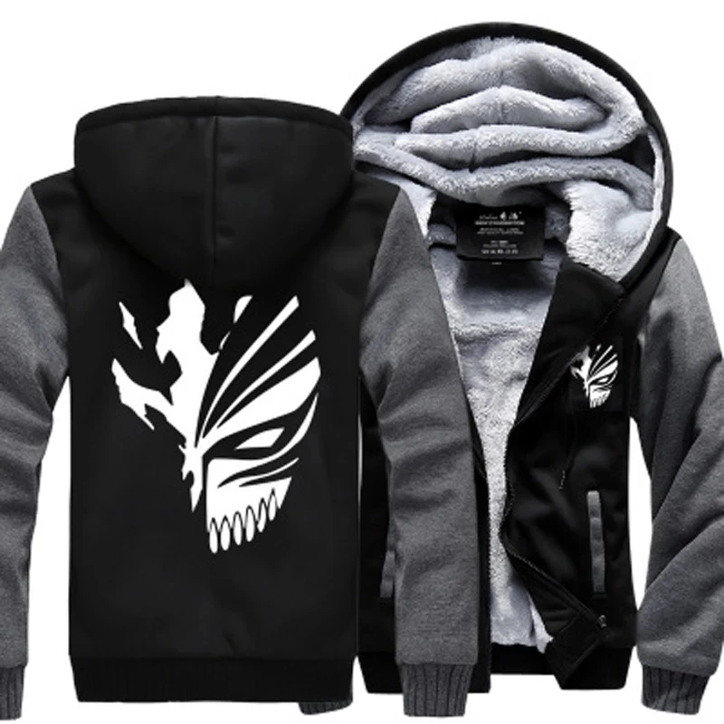 

Anime Bleach Thicken Zip Up Hoodies Men Winter Fleece Kurosaki Ichigo Print Hooded Sweatshirts Warm Parkas Jacket Coat