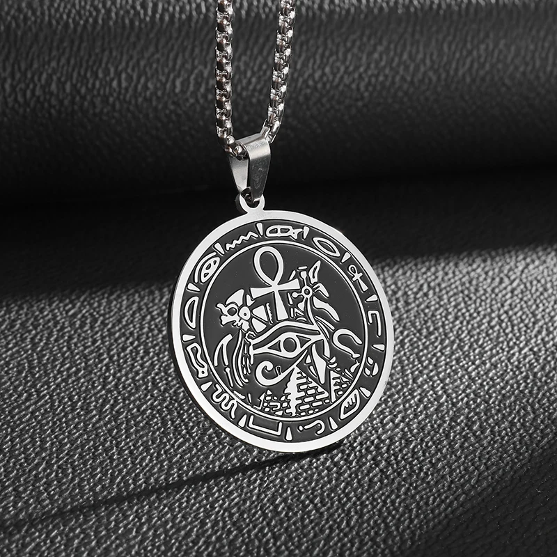 

Retro Ancient Egyptian Pyramid Ankh Eye of Horus Pendant Stainless Steel Anubis Necklace Religious Amulet Jewelry Men and Women