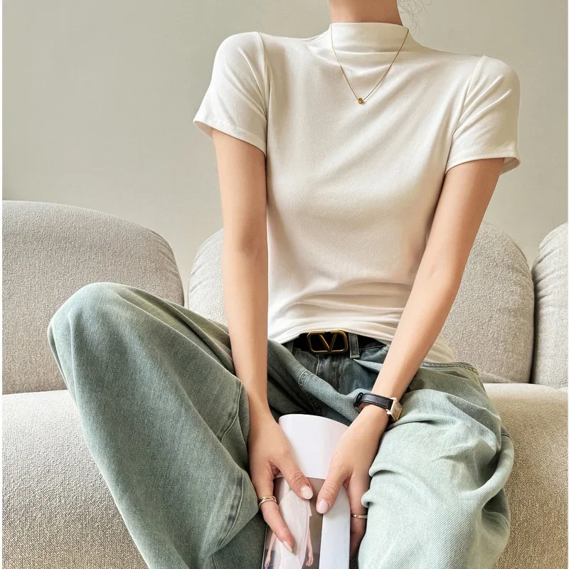 

Korean spring modal half turtleneck bottoming shirt women's top slim-fitting short-sleeved right shoulder T-shirt design