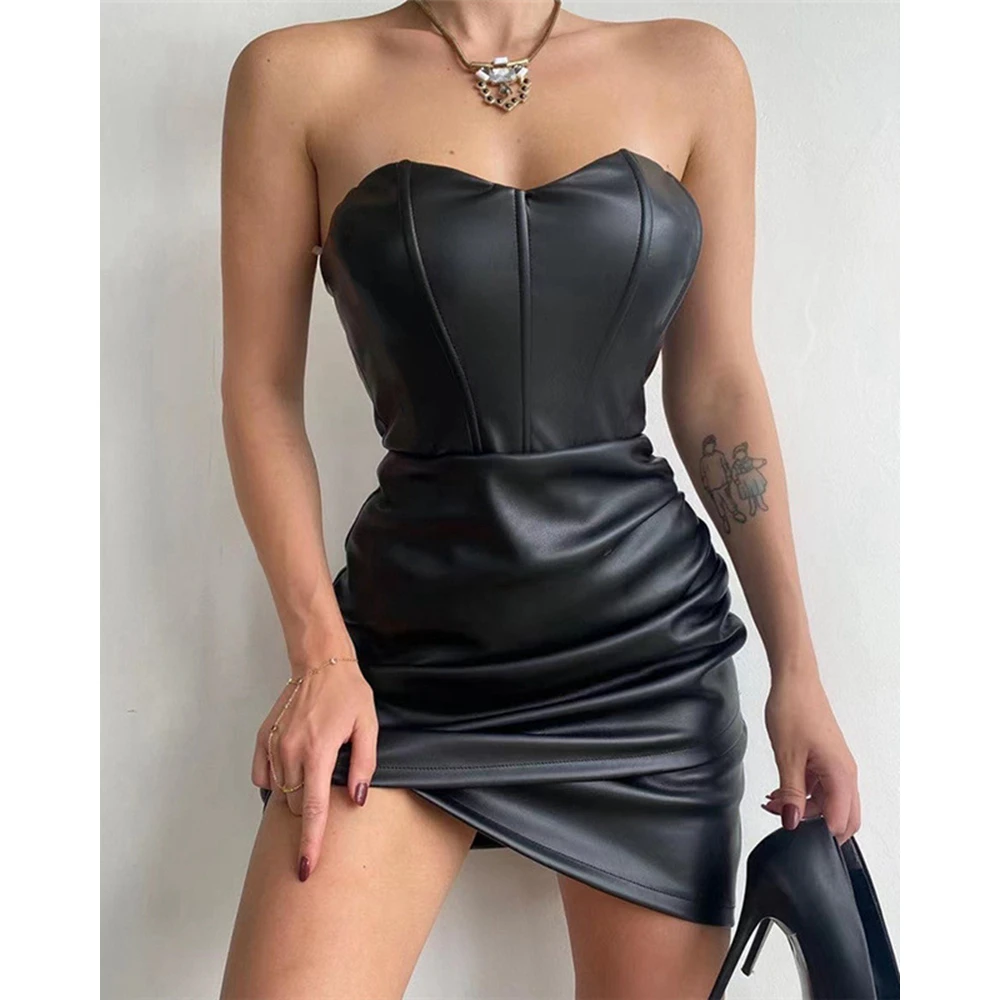 Sexy Summer Women Ruched Strapless Pu Leather Dress Slim Fit Bodycon Party Asymetrical Mini Dresses Nightclub Vestido Elegante
Sexy Summer Women Ruched Strapless Pu Leather Dress Slim Fit Bodycon Party Asymetrical Mini Dresses Nightclub Vestido Elegante