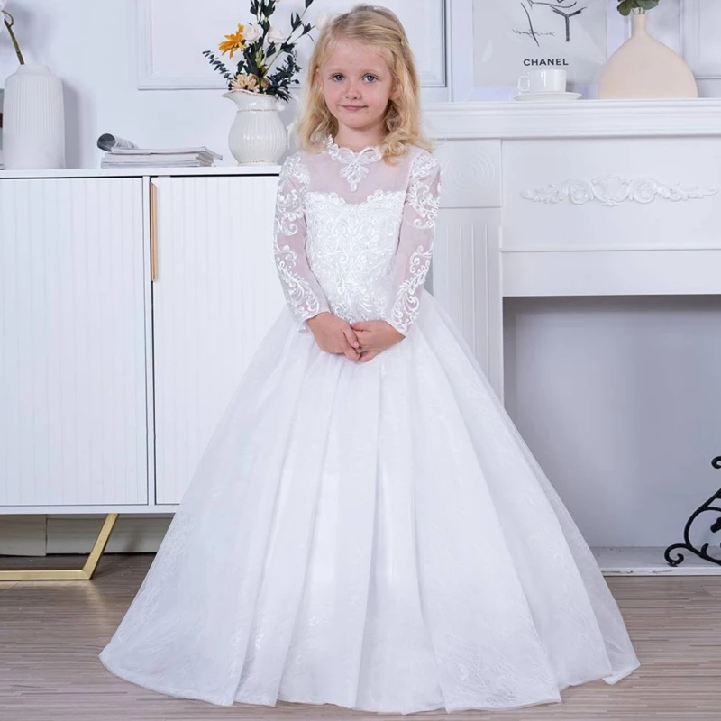 

Flower Girl Dresses White Puffy Tulle Appliques With Bow Long Sleeve For Wedding Birthday Pageant First Communion Gowns