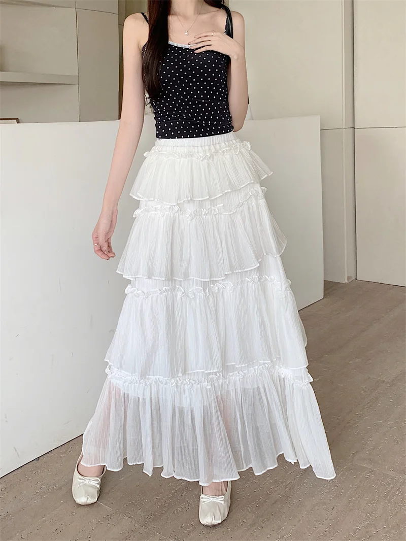 

Coigarsam Women Long Skirt Summer 2024 New Flounced High Waist White Black Skirts