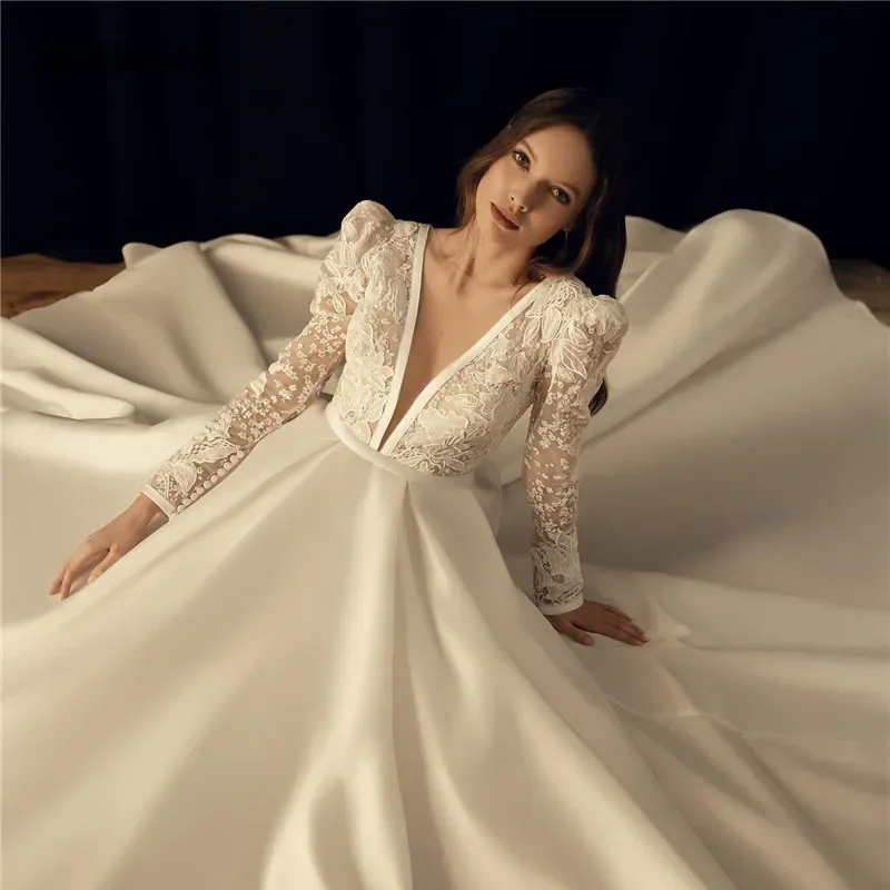 

Женское свадебное платье It's yiiya, белое кружевное платье трапециевидной формы с длинными рукавами-фонариками и V-образным вырезом на лето 2024