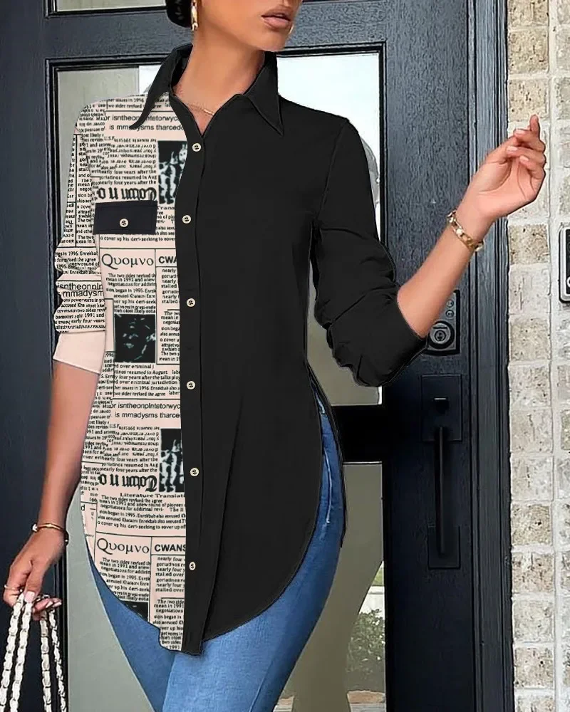 

Женская рубашка с длинным рукавом и отложным воротником, Свободная Повседневная блузка, топы на пуговицах с разрезами, офисные женские туфли, осень