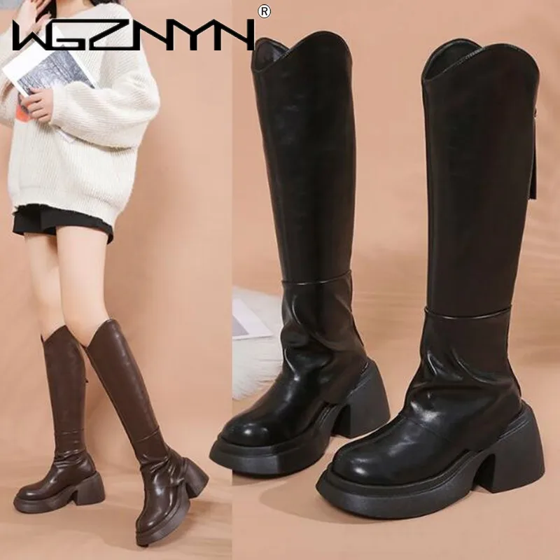 

2023 Winter New Trend Brand Knee High Motorcycle Boots Women Shoes Mid Heels Chelsea Boots Gladiator Snow Chunky Goth Boots