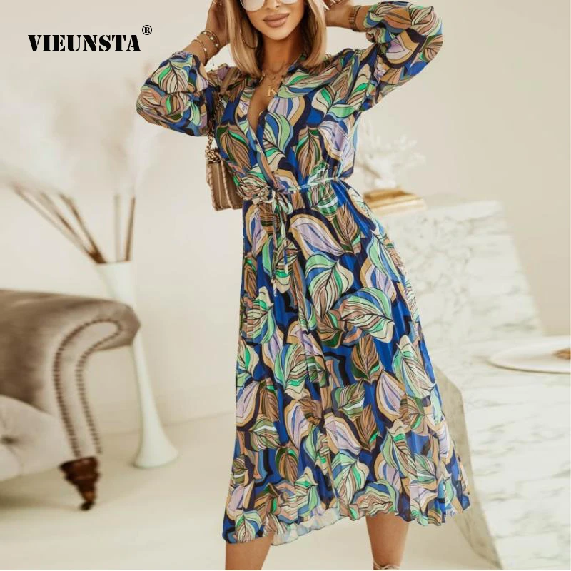 Vestido Ummer Women's New Fashion V-Neck Long-Sleeved Waist Dress Elegant Color Printing Straps Casual Pleated Mid-Length Dress
Vestido Ummer Women's New Fashion V-Neck Long-Sleeved Waist Dress Elegant Color Printing Straps Casual Pleated Mid-Length Dress