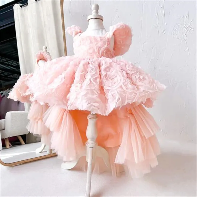 

Blush Pink Dress 3D Rose Applique Ruffled Sleeves Flower Girl Dress Little Princess Birthday Party Gown First Communion