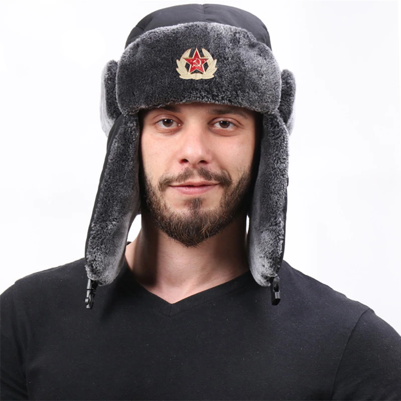 

Soviet Badge Russia Ushanka Hat Waterproof Bomber Hats Pilot Trapper trooper Hat Winter Faux Rabbit Fur Earflap Men Snow Caps