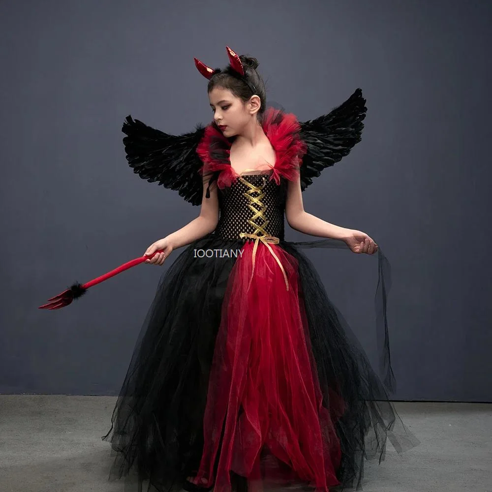 

2024 Child Imp Role Play Costume Kids Gothic Vampire Princess Gown Tutu Dress Girls Carnival Witch Party Performance Clothing