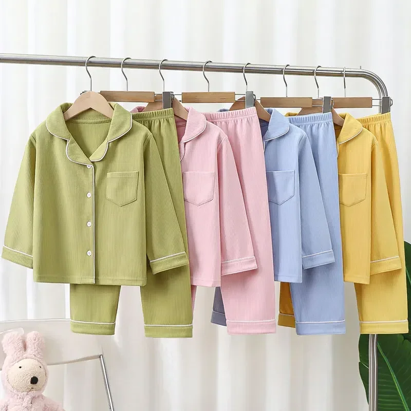 

2024 Autumn Winter Children Pajama Sets Solid Color Sleepwear for Kids 1-16years Teen Pijamas Boys Girls Loungewear Baby Clothes