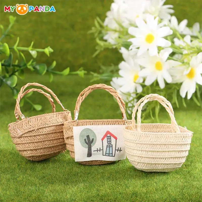 

1/12 Dollhouse Woven Storage Basket Straw Handbags Dollhouse Weaving Beach Bag For Dolls Miniature Fashion Decoration