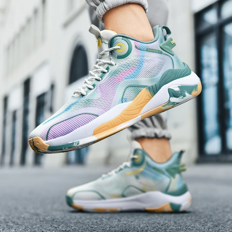 Tênis de basquete para homens de borracha anti deslizamento sola macia malha sapatos esportivos amortecimento alto macio ao ar livre tribunal sapatos de basquete homem Tênis de basquete para homens de borracha anti deslizamento sola macia malha sapatos esportivos amortecimento alto macio ao ar livre tribunal sapatos de basquete homem