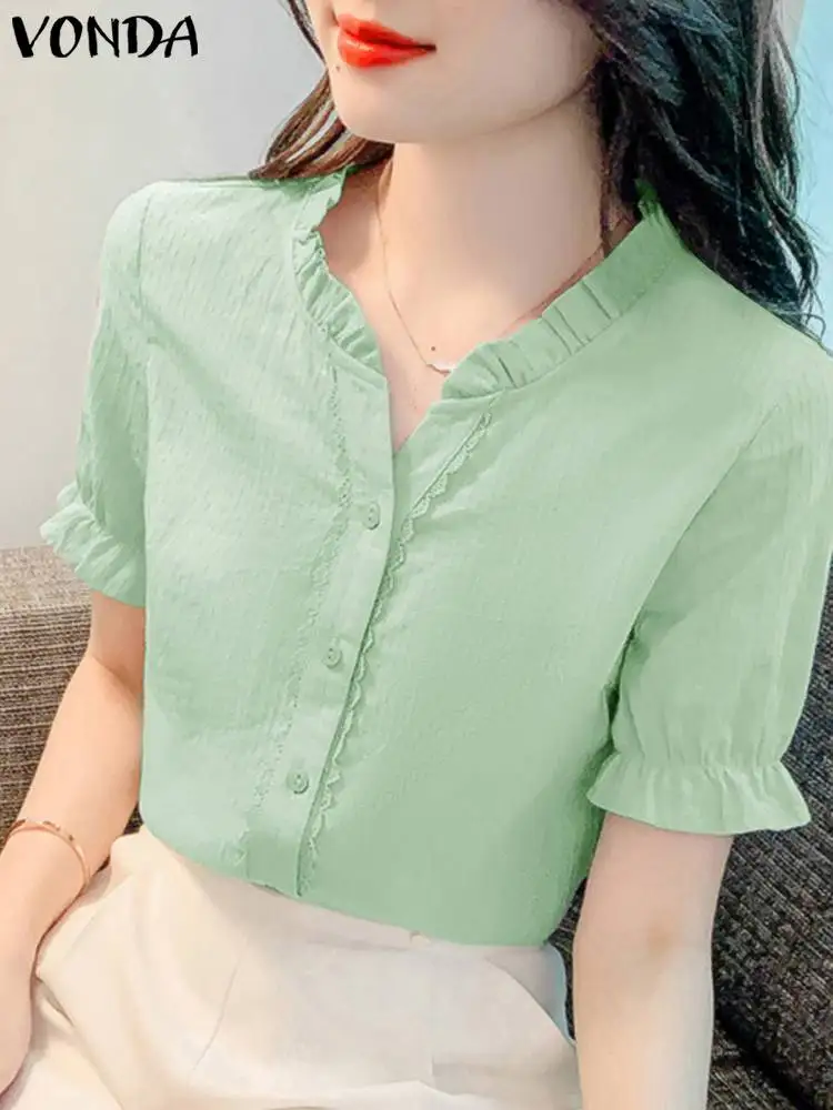

Summer Women Shirts Fashion Short Sleeve Solid Color Sexy Tops 2024 VONDA Casual Ruffle Blouse V Neck Tops Oversized Blusa Baggy