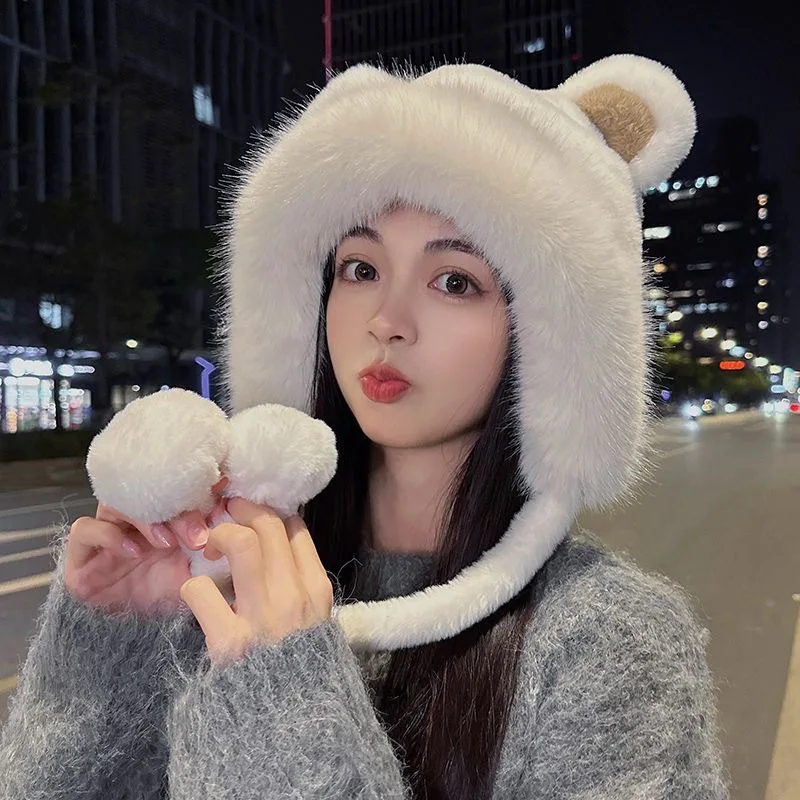 

Autumn Winter Beanies Women's Faux Fur Hat With Cute Ears Pom Ski Snow Cap Outdoor Ladies Cap Thicken Warm Skull Pullover Hats