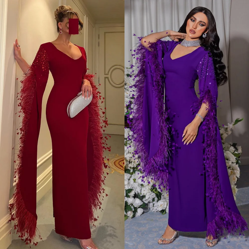 

Prom Dress Evening Jersey Feather Beading Draped Celebrity A-line V-Neck Bespoke Occasion Gown Long Sleeve Dresses Saudi Arabia