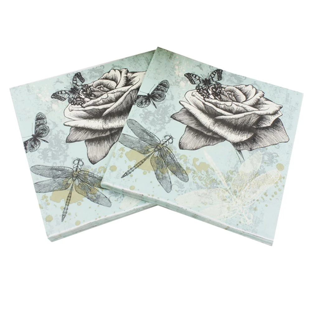 

20PCS Party Paper Napkins Color Printed Napkin Dragonfly Creative Paper Towel Facial Tissue Colorful Printing Napkin Flower