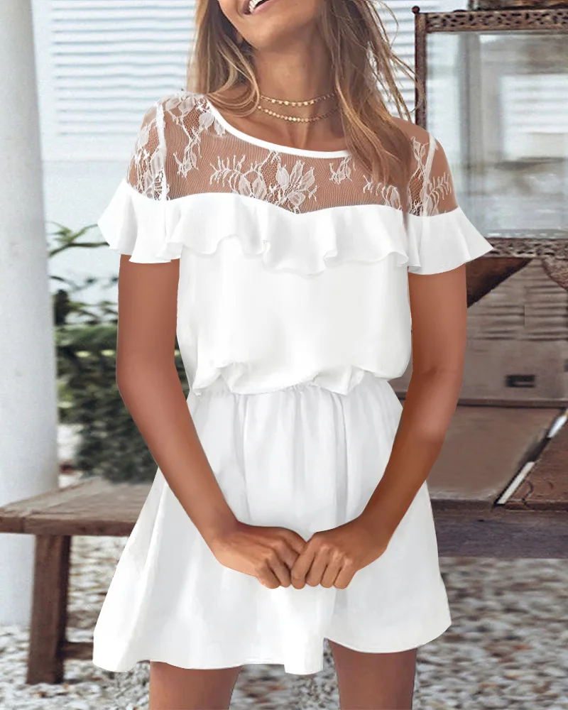 2023 Summer Women's New Fashion Lace Splicing Ruffle Dress Round Neck Short-sleeved Loose Casual Women's Short Dress
2023 Summer Women's New Fashion Lace Splicing Ruffle Dress Round Neck Short-sleeved Loose Casual Women's Short Dress