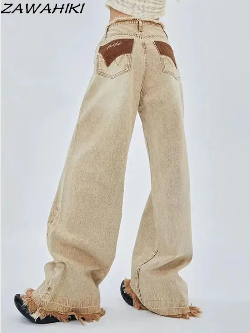 Spring Autumn Frayed Vintage Patchwork Contrast Color Washed Women Jeans High Waist Loose Wide Leg Chic Streetwear Denim Jeans 
Spring Autumn Frayed Vintage Patchwork Contrast Color Washed Women Jeans High Waist Loose Wide Leg Chic Streetwear Denim Jeans