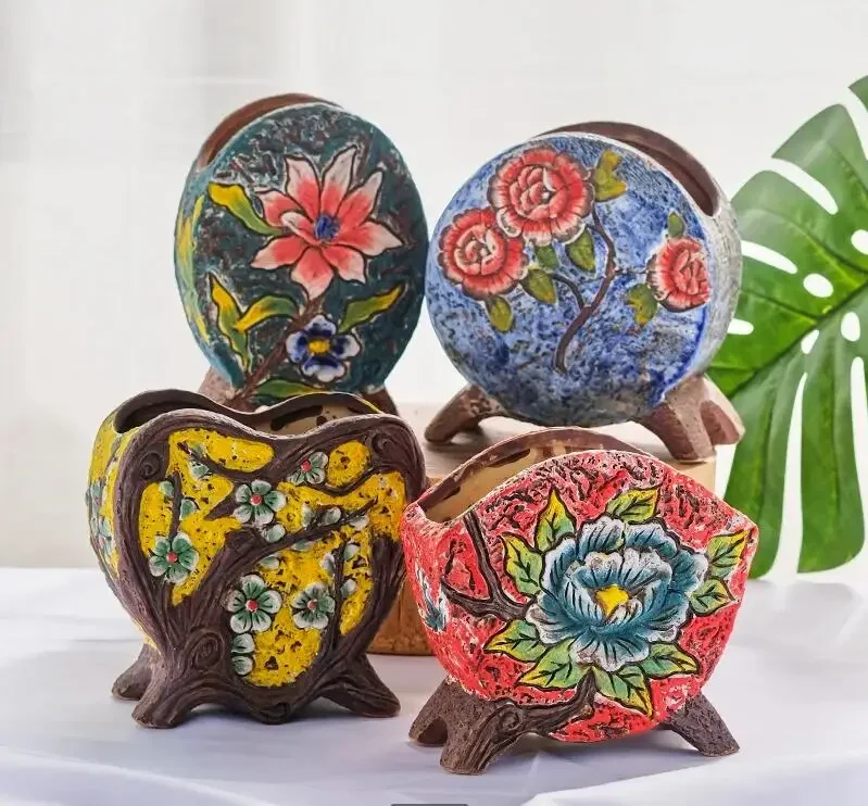 

Painted Ceramics Succulent Flower Pot Stoneware Pot Container Gardening Supplies Green Plant Pots Flower Vase Decor Garden Pots