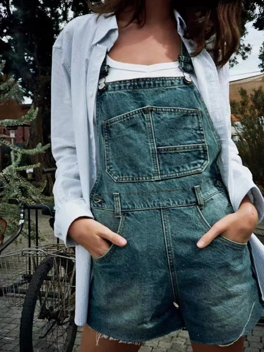 

Fashion Y2K Raw Hem Denim Overalls Women Summer Casual High Waist Pockets Straight Short Pants Streetwear Vintage Shorts Sweet