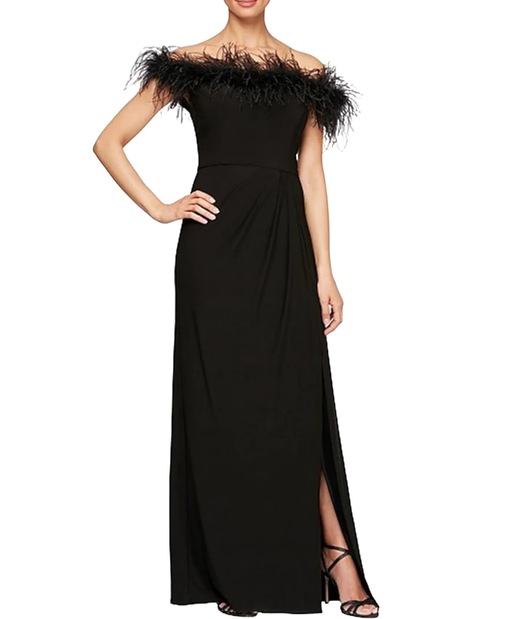 

Sheath / Column Elegant Formal Evening Dress Off Shoulder Short Sleeve Floor Length Stretch Satin with Feathers / Fur Draping