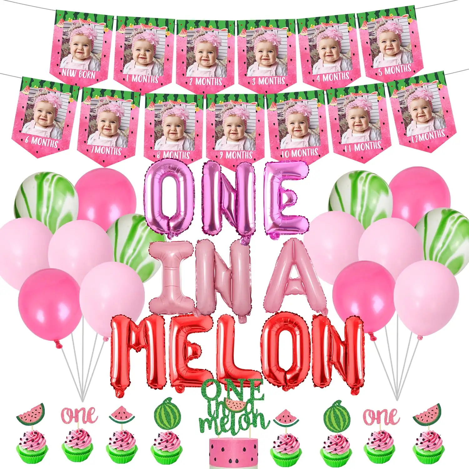 

Watermelon 1st Birthday Decorations, One in a Melon Balloon, Cake Topper, Photo Banner for Girl 1st Birthday Party Decor