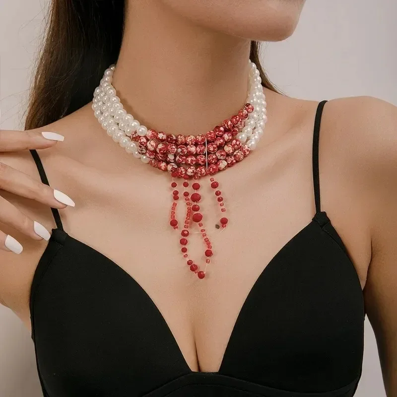 

Женское Ожерелье с имитацией жемчуга, многослойное короткое ожерелье с бусинами в готическом стиле