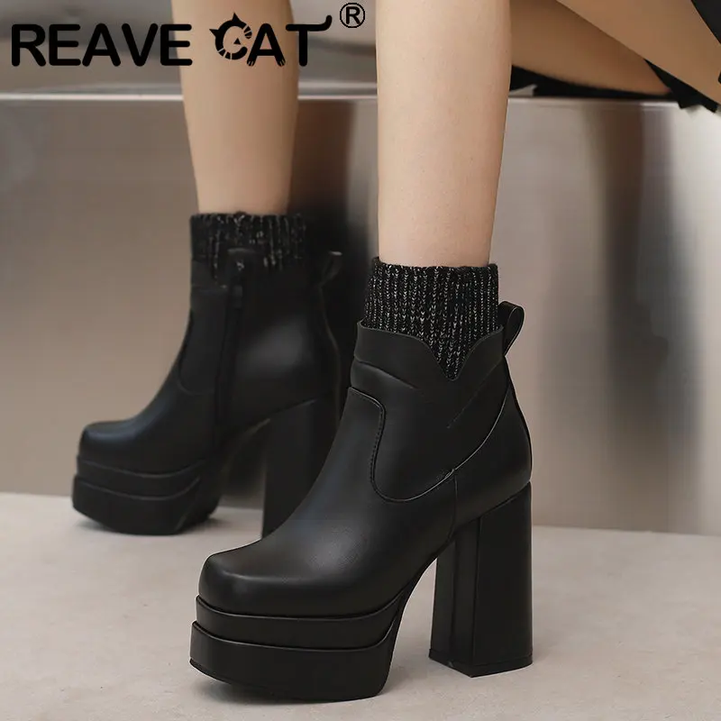 REAVE CAT Brand Women Ankle Boots Chunky High Heels 12cm Double Platform 4.5cm Zipper Large Size 48 49 50 Elegant Party Booties 
REAVE CAT Brand Women Ankle Boots Chunky High Heels 12cm Double Platform 4.5cm Zipper Large Size 48 49 50 Elegant Party Booties