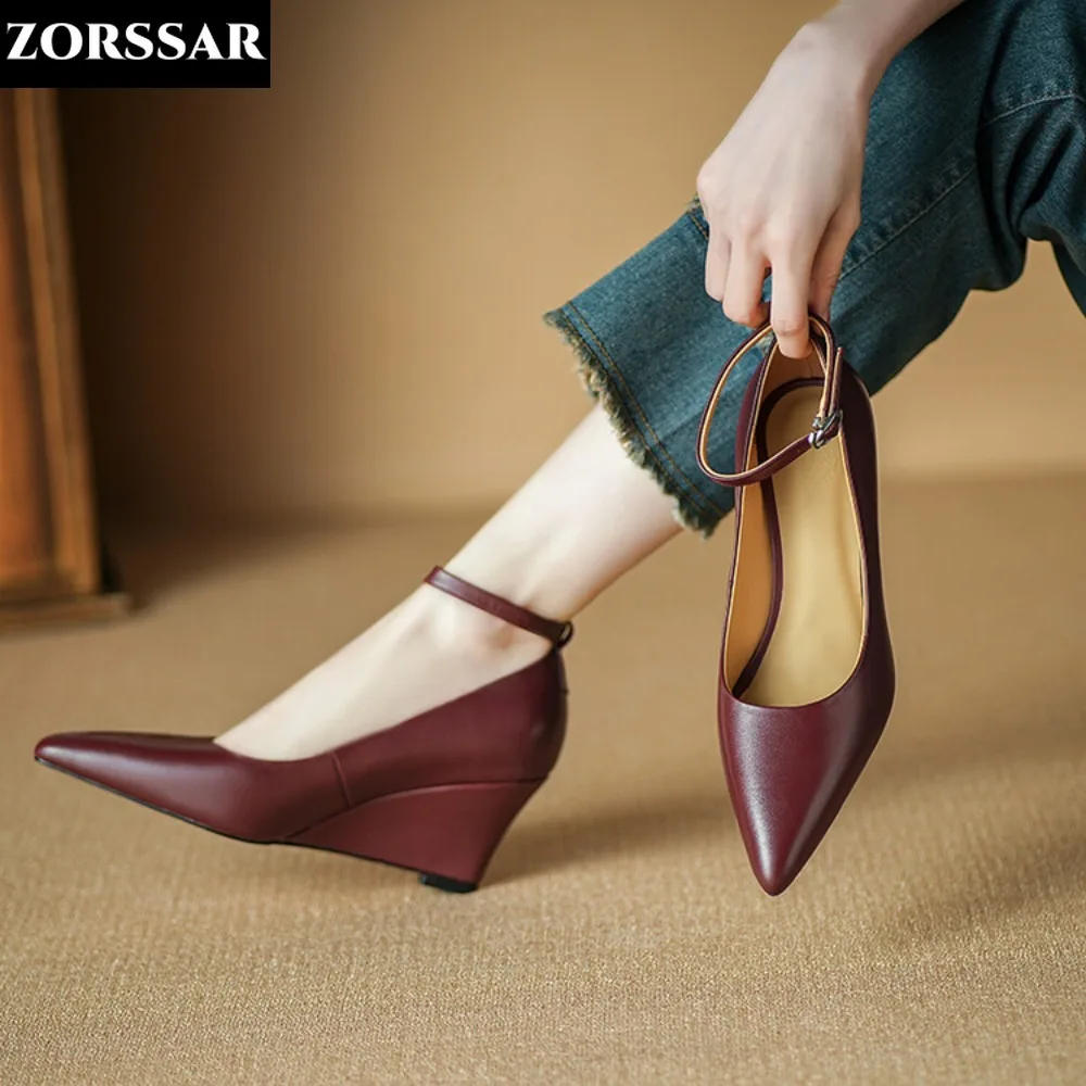 

Elegant Women Mary Jane Shoes Pointed Toe Wedges Pumps Genuine Leather Dress Shoes Ol Office Ladies Shoes High Heels Silver