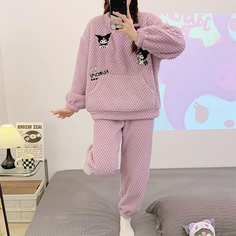 

Kawaii Sanrio Pochacco Pajamas Kuromi Cute Anime Cartoon Winter Cute Coral Velvet Comfort Home Clothes Sets Toys Girls Gifts