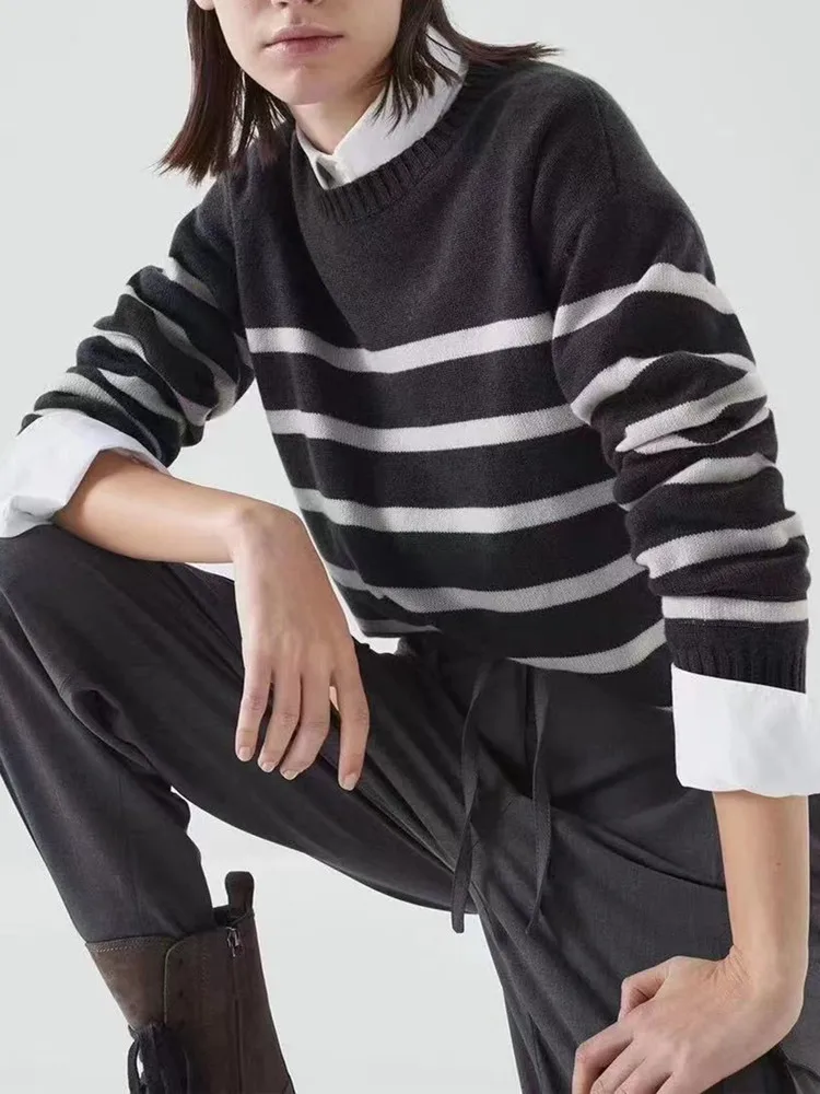 

Women Beading Stripes Sweater 100% Cashmere Cuffs Rib Simple 2023 Autumn Winter Female Long Sleeve Casual Pullover