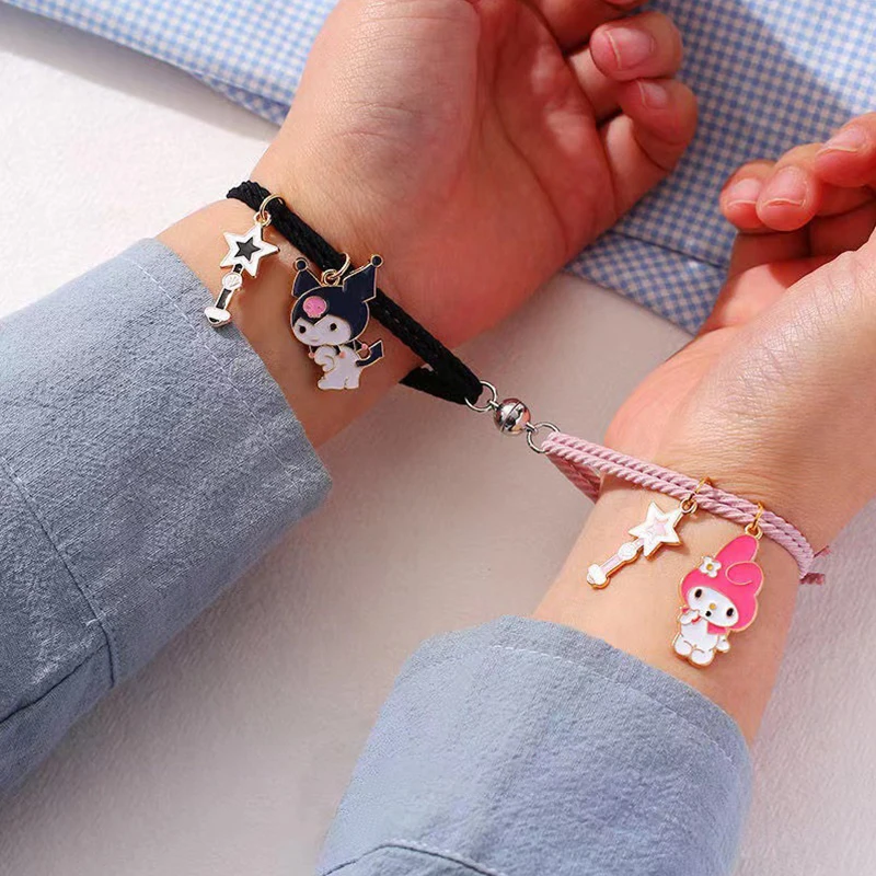 

1 Pair Sanrio Accessories Bracelet Kuromi Melody Magnetic Small Rubber Band Couple Girlfriend Cartoon Aluminum Alloy Girl Gift