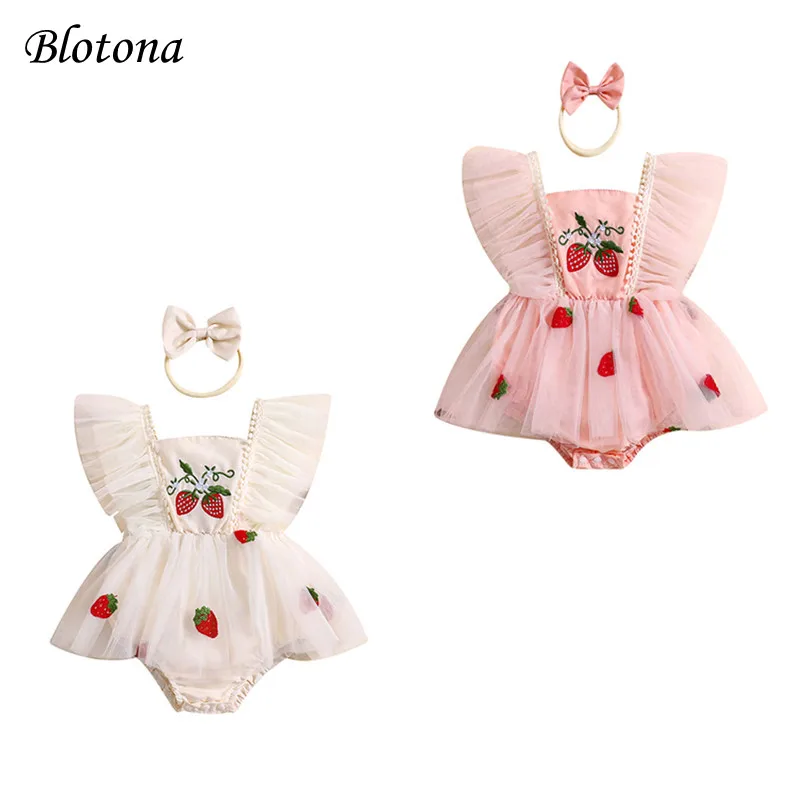 

Blotona Baby Girls Sweet Summer Romper Dress Square Neck Flying Sleeve Strawberry Embroidery Romper with Headband 0-18M