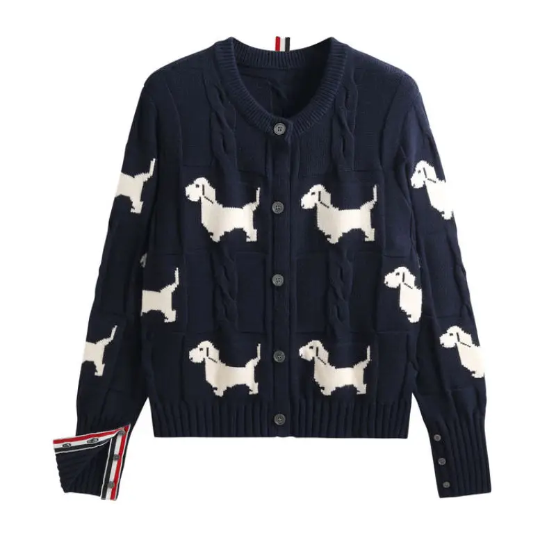 

Korean Fashion TB Ersatile Design Dog Jacquard Twist Lazy Round Neck Knitted Cardigan Embroidery Women's Top Short Sweater Coat