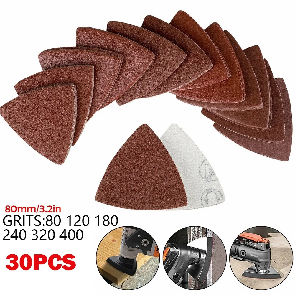 

30pcs Triangle Sandpaper Sanding Disc Hook & Loop Oscillating Multi Tool Sand Paper Sanding Pad 320 400 Grit 80