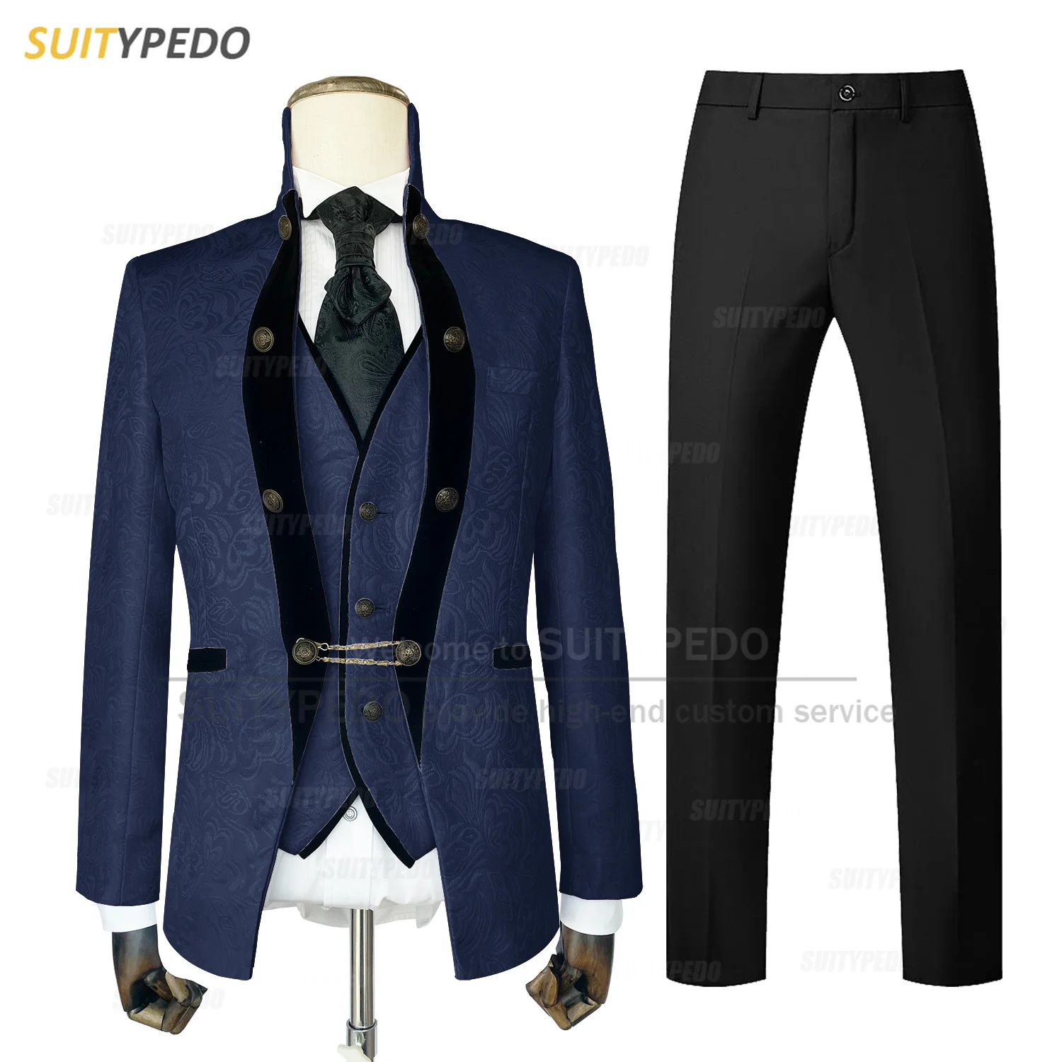 Luxury Men Suit Set Evening Party Fashion Navy Blue Jacquard Blazer Vest Pants 3 Pieces Formal Gala Classic Stand Collar Outfits
Luxury Men Suit Set Evening Party Fashion Navy Blue Jacquard Blazer Vest Pants 3 Pieces Formal Gala Classic Stand Collar Outfits