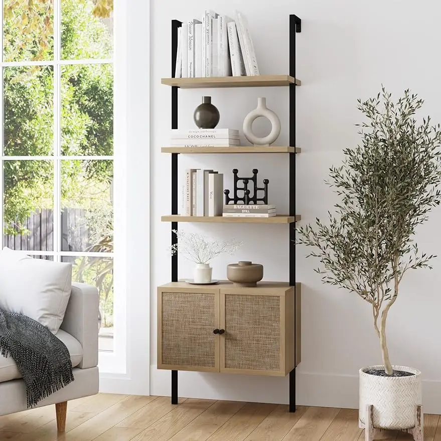 Nathan James Theo Ladder 3 tier Open Bookshelf with Rattan Drawers and Matte Steel Frame, Light Oak/Black
Nathan James Theo Ladder 3 tier Open Bookshelf with Rattan Drawers and Matte Steel Frame, Light Oak/Black