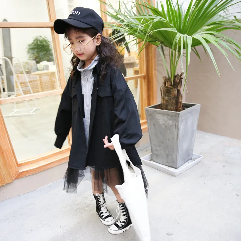 

Baby girl shirt dress 2019 spring autumn new Korean style sweet mesh patchwork black dress for children's big baby clothes ws314