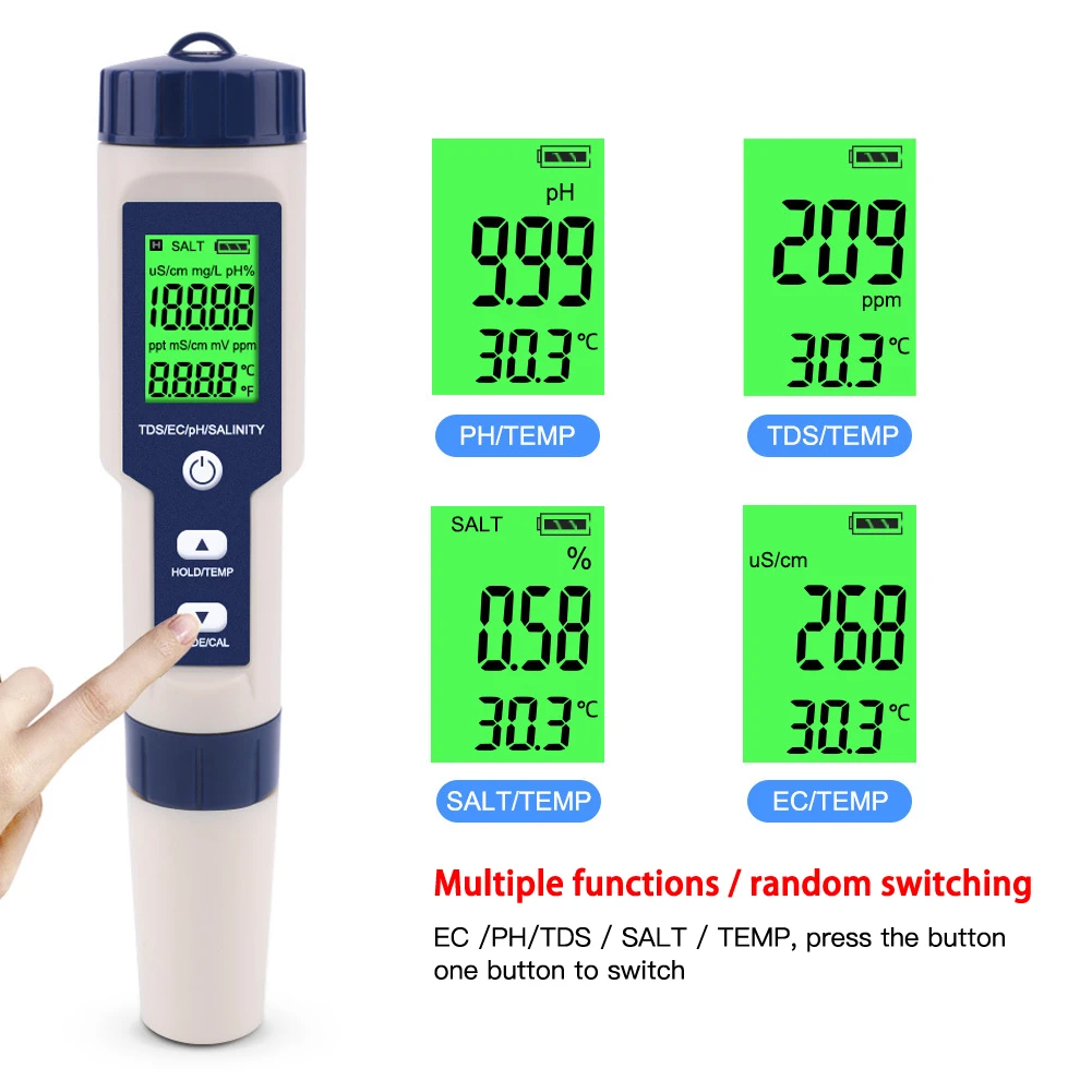 New 5 In 1 TDS/EC/PH/Salinity/Temperature Meter Digital Water Quality Monitor Tester For Pools Drinking Water Aquariums Tools
New 5 In 1 TDS/EC/PH/Salinity/Temperature Meter Digital Water Quality Monitor Tester For Pools Drinking Water Aquariums Tools