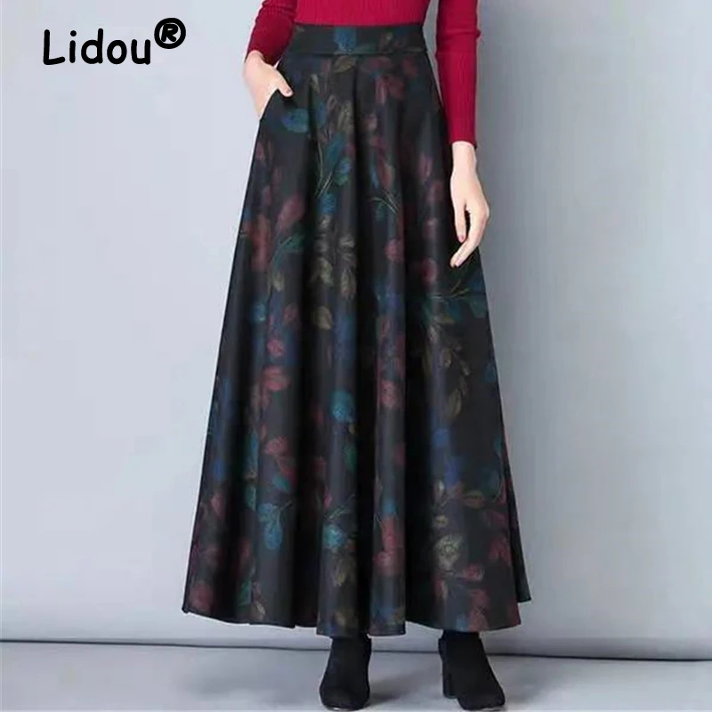 

Vintage Floral Plaid Print Elegant Ruffle Party Maxi Skirts for Women Fashion Casual High Waist Loose Street Long Skirt Clothes