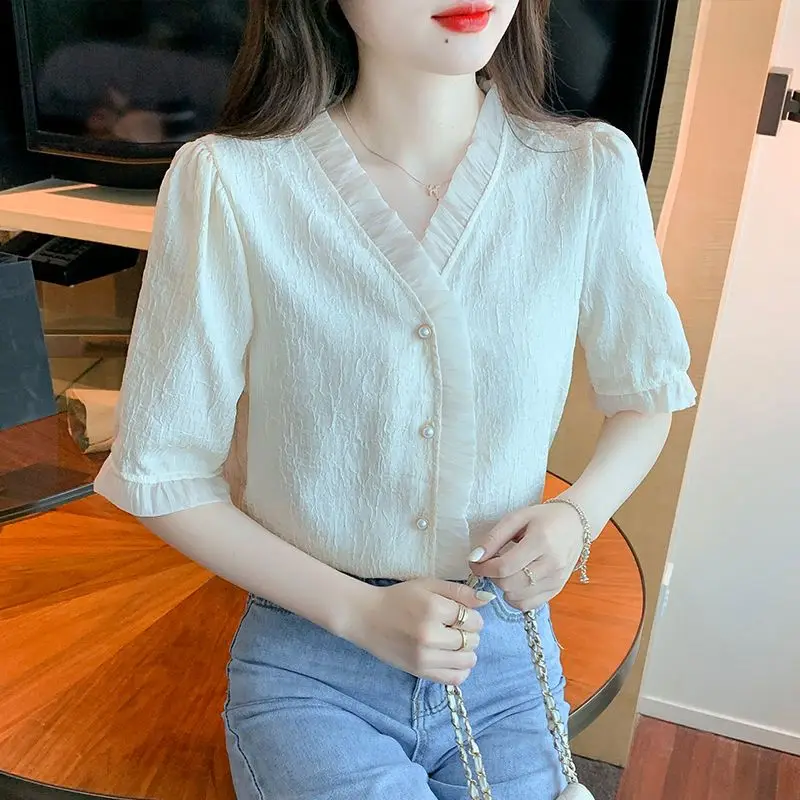 

2023 Summer French Style Elegance Little Fragrance Celebrity Style V-neck Bubble Short Sleeve Commuter Simple Versatile Shirt