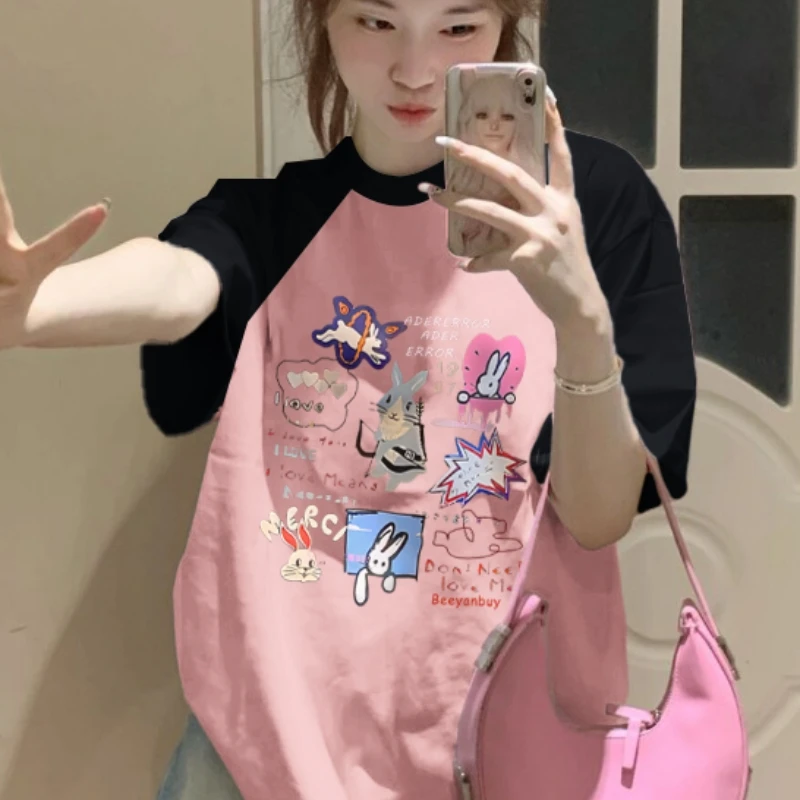 

American retro oversize black pink raglan short-sleeved T-shirt summer dopamine outfit sweet cute fashionable round neck top