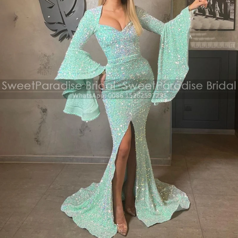 Bling Sequins Square Neck Evening Dresses Mermaid Side Slit Long Bishop Sleeves Sheath Reception Dresses Party For Women
Bling Sequins Square Neck Evening Dresses Mermaid Side Slit Long Bishop Sleeves Sheath Reception Dresses Party For Women
