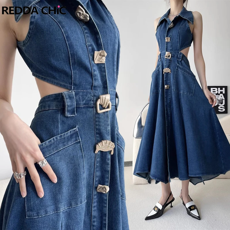 REDDACHiC Chic & Elegant Summer Women One-Piece Denim Dress Slit Cut-out Waist Blue Jeans Sundress Sleeveless Minimalist Clothes
REDDACHiC Chic & Elegant Summer Women One-Piece Denim Dress Slit Cut-out Waist Blue Jeans Sundress Sleeveless Minimalist Clothes
