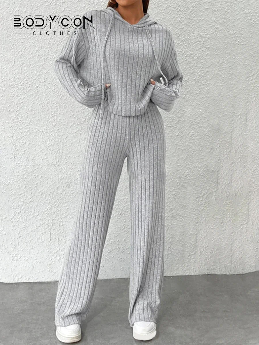 Women 2 Piece Spring Outfits Solid Color Ribbed Knitted Hoodie and Wide Legs Pants Set Streetwear Aesthetic Clothes
Women 2 Piece Spring Outfits Solid Color Ribbed Knitted Hoodie and Wide Legs Pants Set Streetwear Aesthetic Clothes