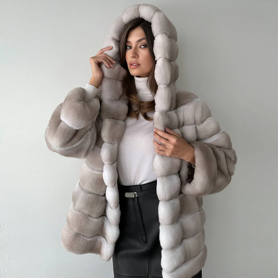 

Real Rex Rabbit Fur Coat Women Real Chinchilla Fur Coats With Hood Winter Jacket Woman Best Selling Clothes Women Fluffy Coat