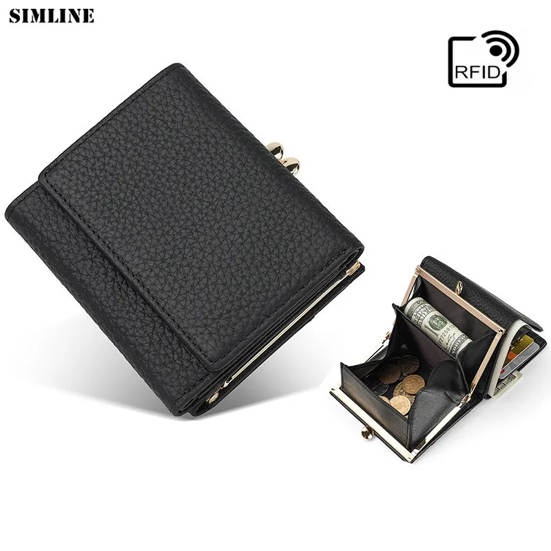 

Genuine Leather Wallet For Women RFID Blocking Fashion Short Trifold Women's Purse With Card Holder Kiss Lock Coin Pocket Bag